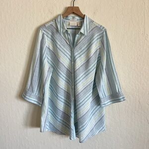 Chicos 100% Linen No Iron 3/4 Sleeve Button Down Tunic Shirt XL Blue Stripes